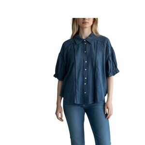 Talisman Australia Anna Blue Linen Blend Top Small Button Up Short Sleeve NWT